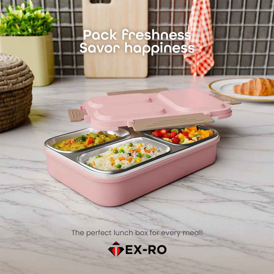Tex-Ro Pink 2 Compartment Microwave Safe, Lockable Stainless Steel & Plastic Tiffin Box 700 ml