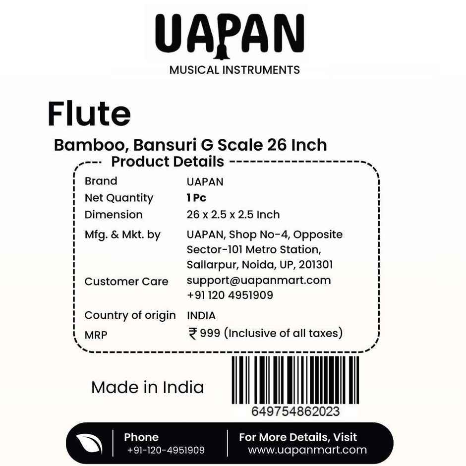 Uapan G Scale Bamboo Bansuri Flutes Bansuri Right Handed Middle 26 Inch