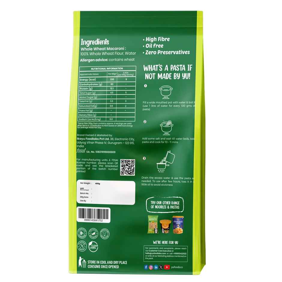 Yu 100% Whole Wheat Elbow Macaroni Pasta