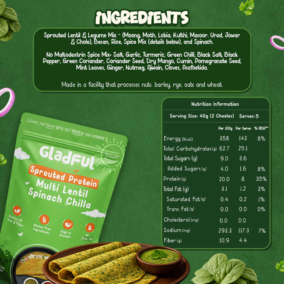 Gladful Spinach Protein Sprouted Lentils and Millets Instant Chilla Mix