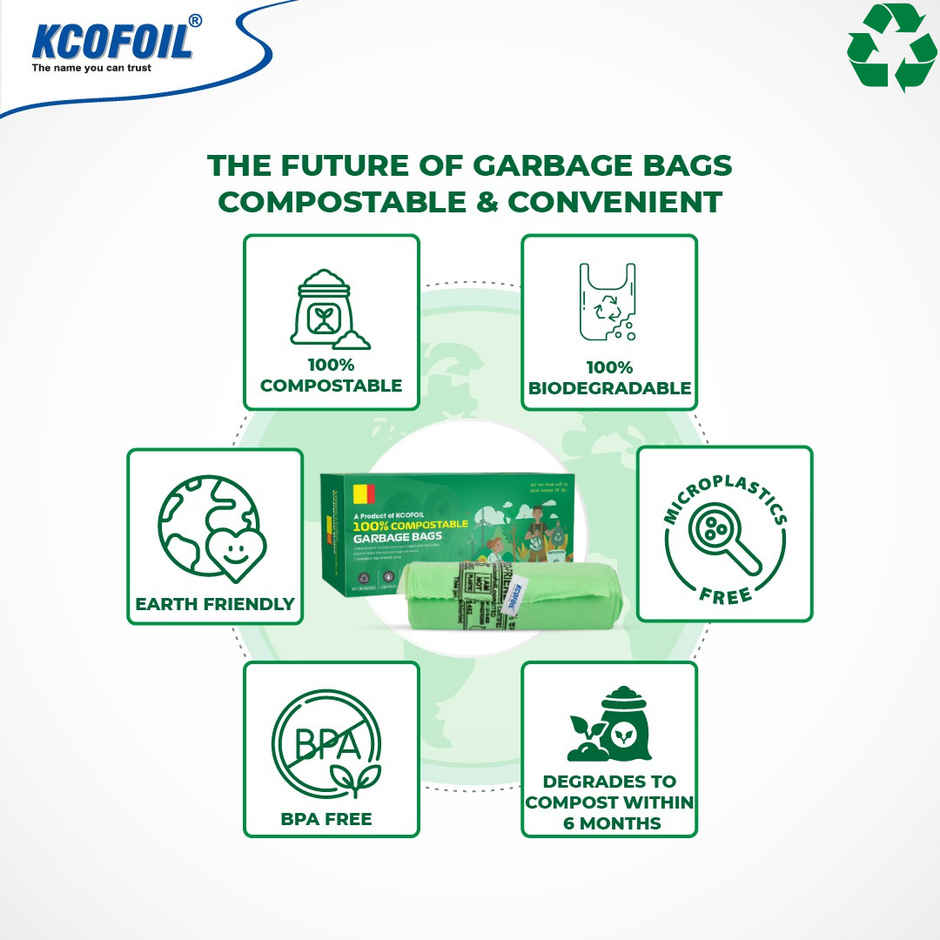 Kcofoil 100% Compostable Small Garbage Bag Roll - 15 Bags | With Detachable Tie Tape