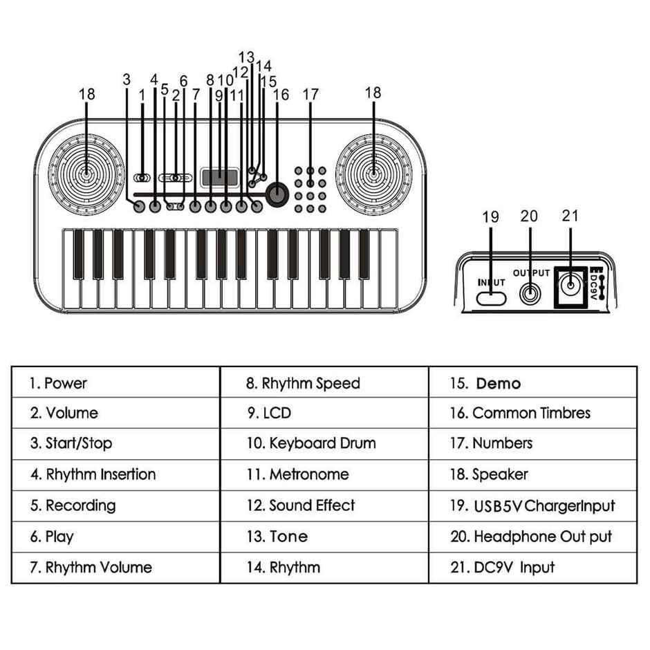 Kadence K-Tone Blue Kids Keyboard | 32 Mini Keys, 128 Tones, Rhythms & Adapter