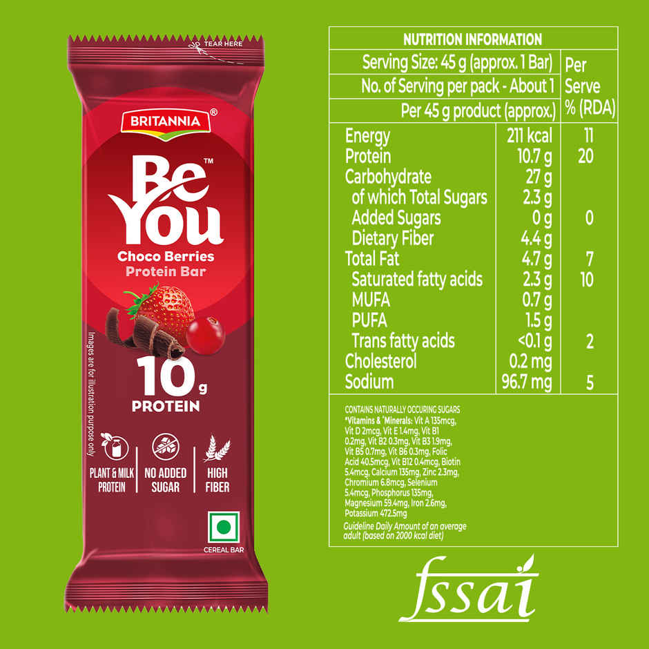 Britannia BeYou 10g Protein Bar Choco Berries| No Added Sugar| 10.8% Prebiotics| High Fibre