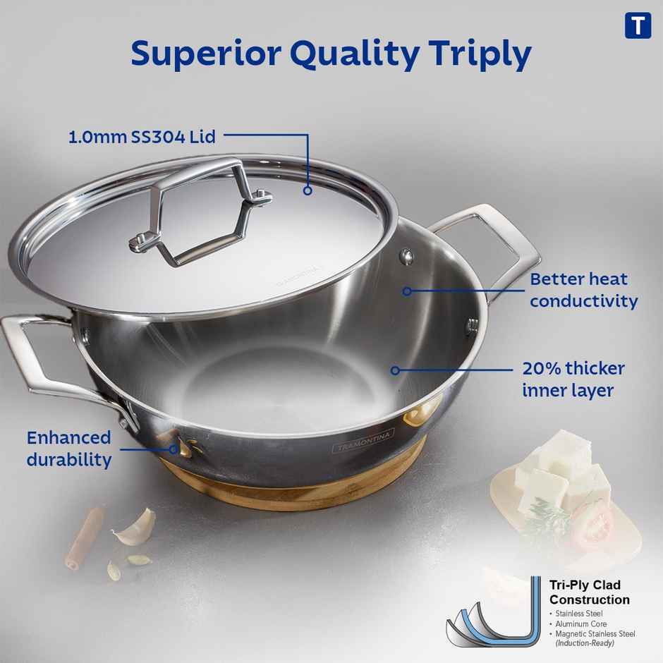 Tramontina Aeion Triply 30cm/5.7L Kadai with SS 304 Lid | Healthy Non Toxic | Kadhai for Curry | Deep Fry | StirFry Cooking | Induction Friendly | Stay Cool Handle | NSF Certified | 10 Year Warranty
