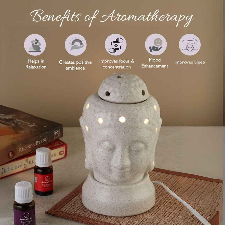 Asian Aura Handcrafted Ceramic Buddha Aroma Diffuser with Lavender & Rosy Romance Oils