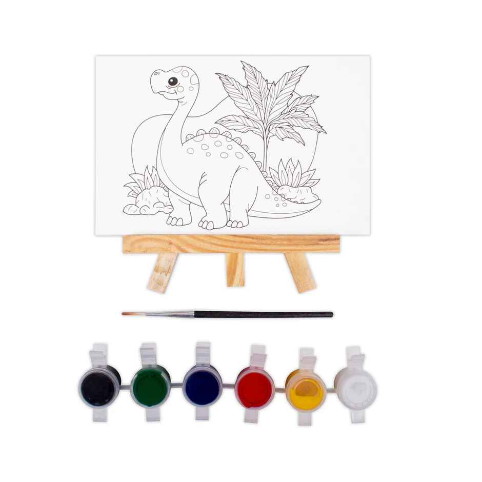 Itsy Bitsy Paintable Pre-printed Panel With Easel & Colours Dinosaur 4x6 Inch Easel Size 11cm