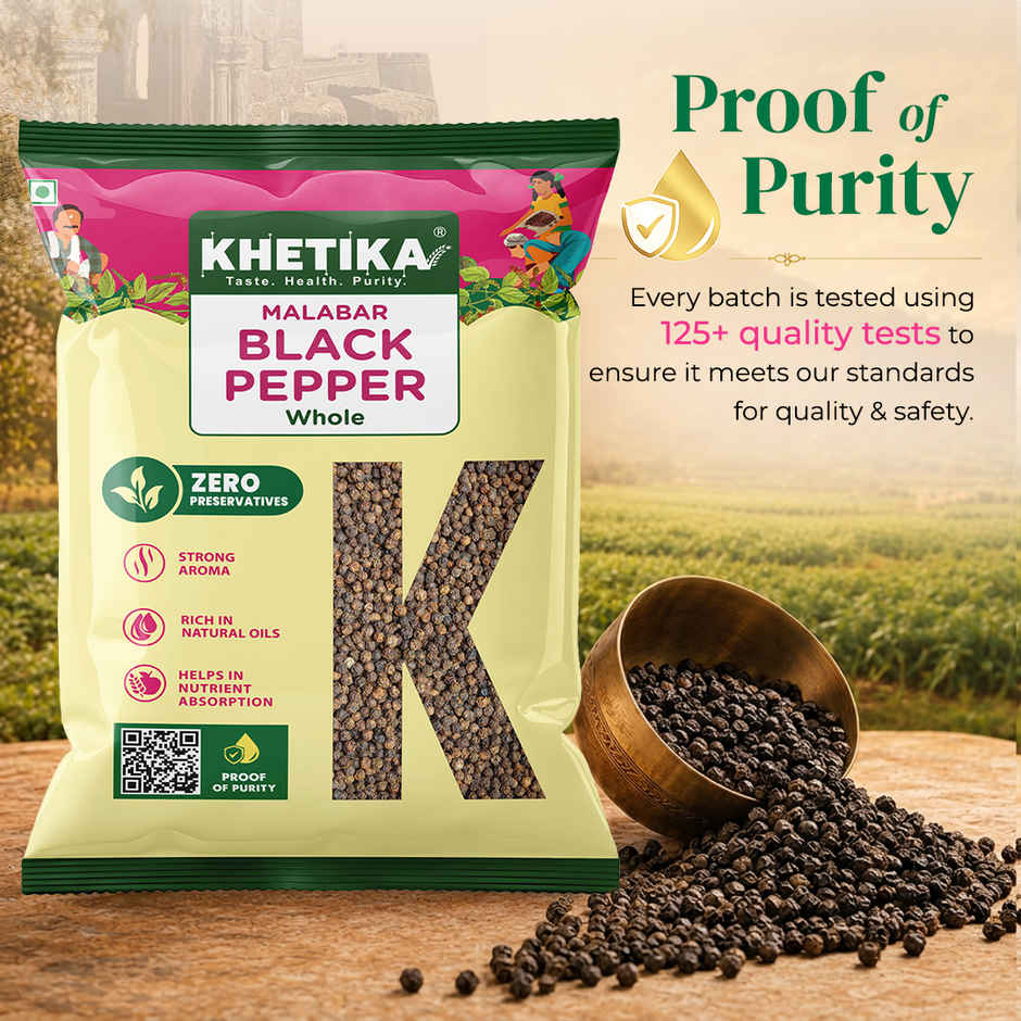 Khetika Malabar Black Pepper Whole | Kali Mirch | Strong Aroma | Zero Preservatives