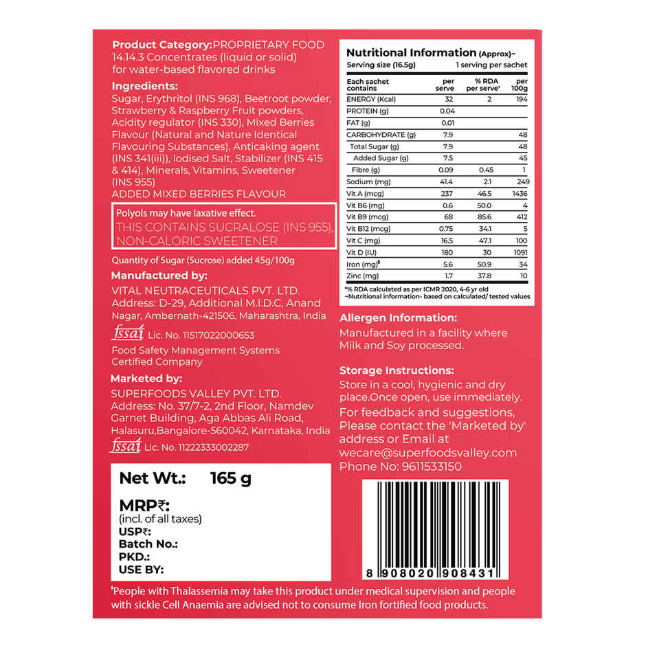 Good Monk Instant Fruit Drink Mix - Natural Mixed Berries Powder | 50% Less Sugar | With 8 Vitamins