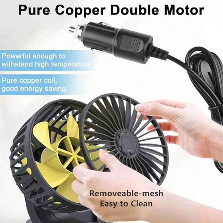 Potauto Double Head Car Fan | 12V 360 Degree Adjustable Small Size 2 Speed Cooling All Vehicle Fan.