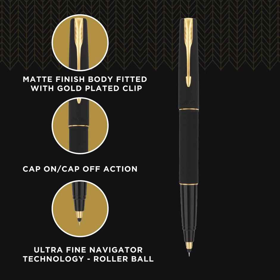 Parker Gift Set Vector Matte Black Gold Trim Roller Ball Pen With Parker Note Book