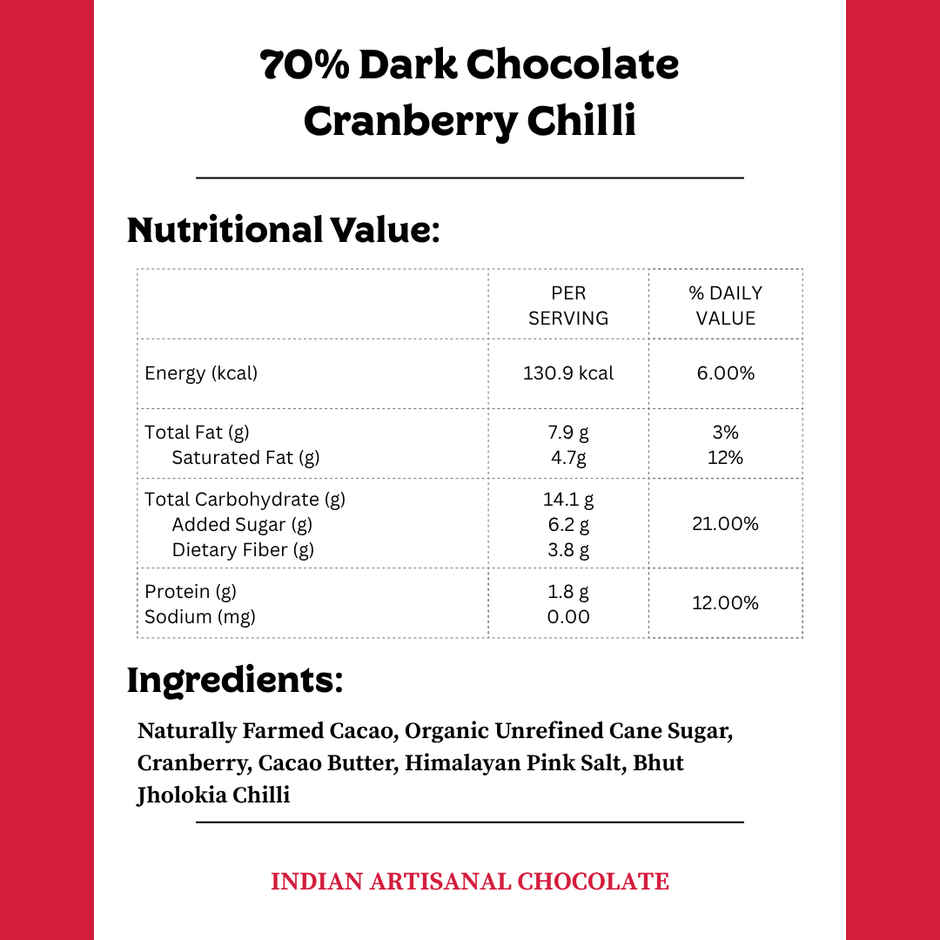 Darkins Indian Artisanal 70% Dark Cranberry & Chilli Chocolate