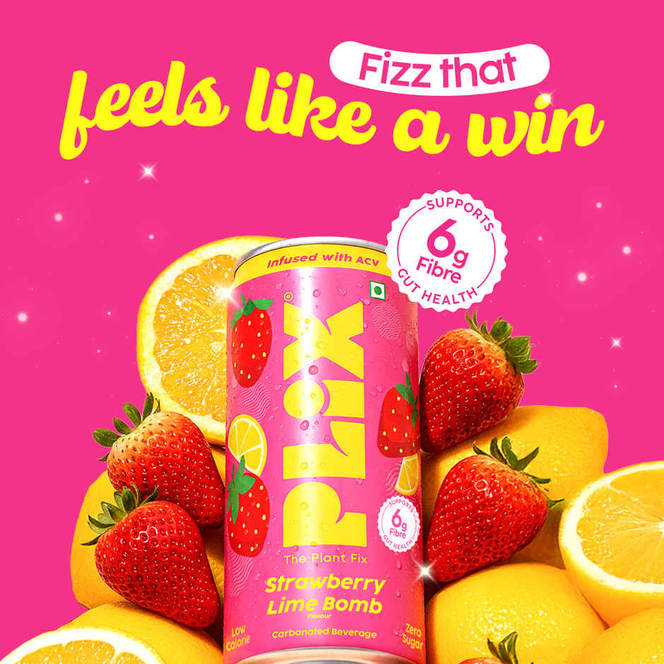 Plix Strawberry Lime Bomb Fizzy Soft Drink Can|Low Calorie & Zero Sugar|Prebiotics With 6g Fibre | Soda
