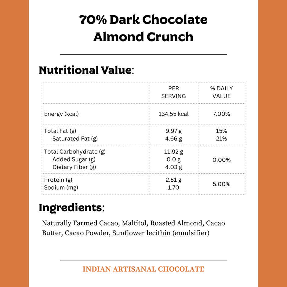 Darkins Sugar Free Dark Chocolate 70% | Almond Crunch