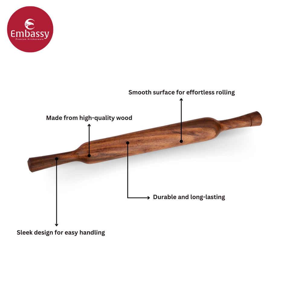 Embassy Wooden Rolling Pin /Belan (For Roti, Parathas, Puri), Premium Sheesham Wood, Natural-Finish