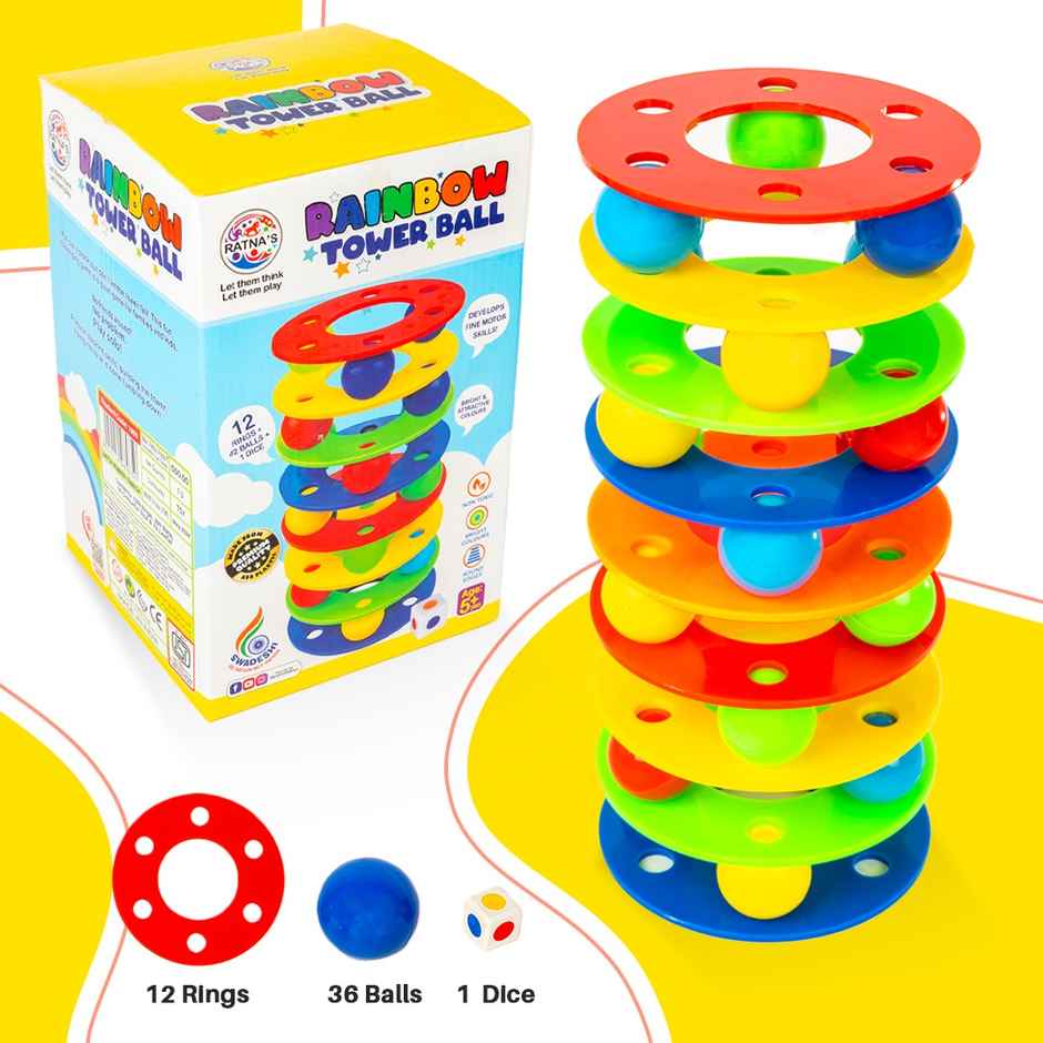 Ratna's Rainbow Tower Ball |12 Rings, 42 Balls, 1 Dice | Assorted | 5 + years