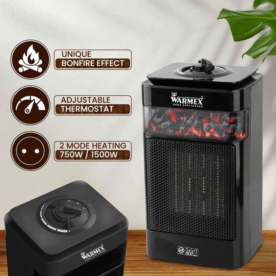 Warmex Bonfire Room Heater For Home | Fast Heating With 2 Heat Setting 750/1500 W - Black