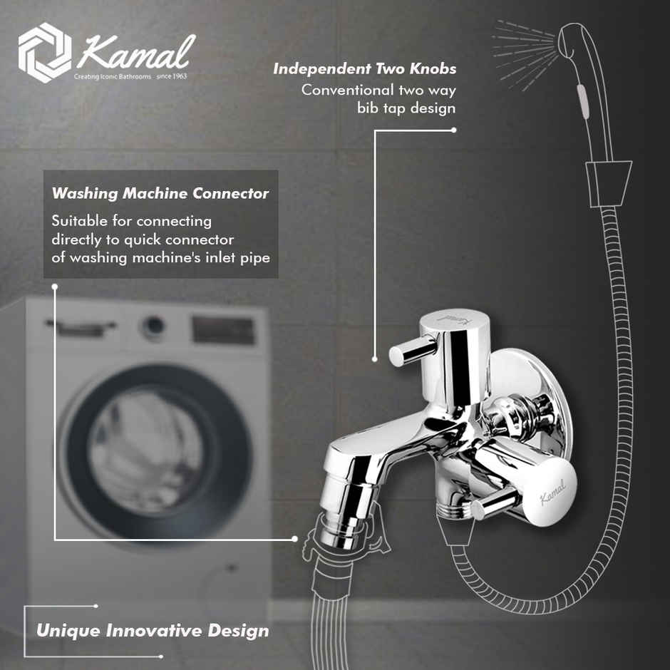 Kamal Two Way Bib Tap Elite Eco | With Washing Machine Adaptor | Full Brass Quarter Turn Movement