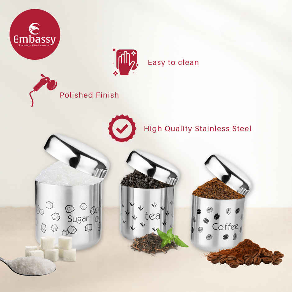 Embassy Coffee Tea Sugar Canister Set, 350/500/700 ml, Vintage Design, Premium Stainless Steel