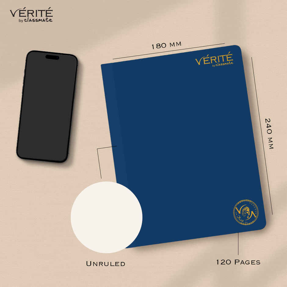 Verite by Classmate | Lay Flat Notebook | Royal Blue | Size 240 X 180 | Unruled | 120 Pages