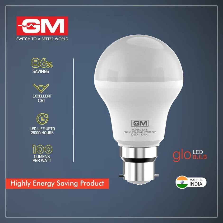 Gm Geo 15 Watt Led Bulb, 6500K White Cool Day Light Bulb | B22 Base Holder