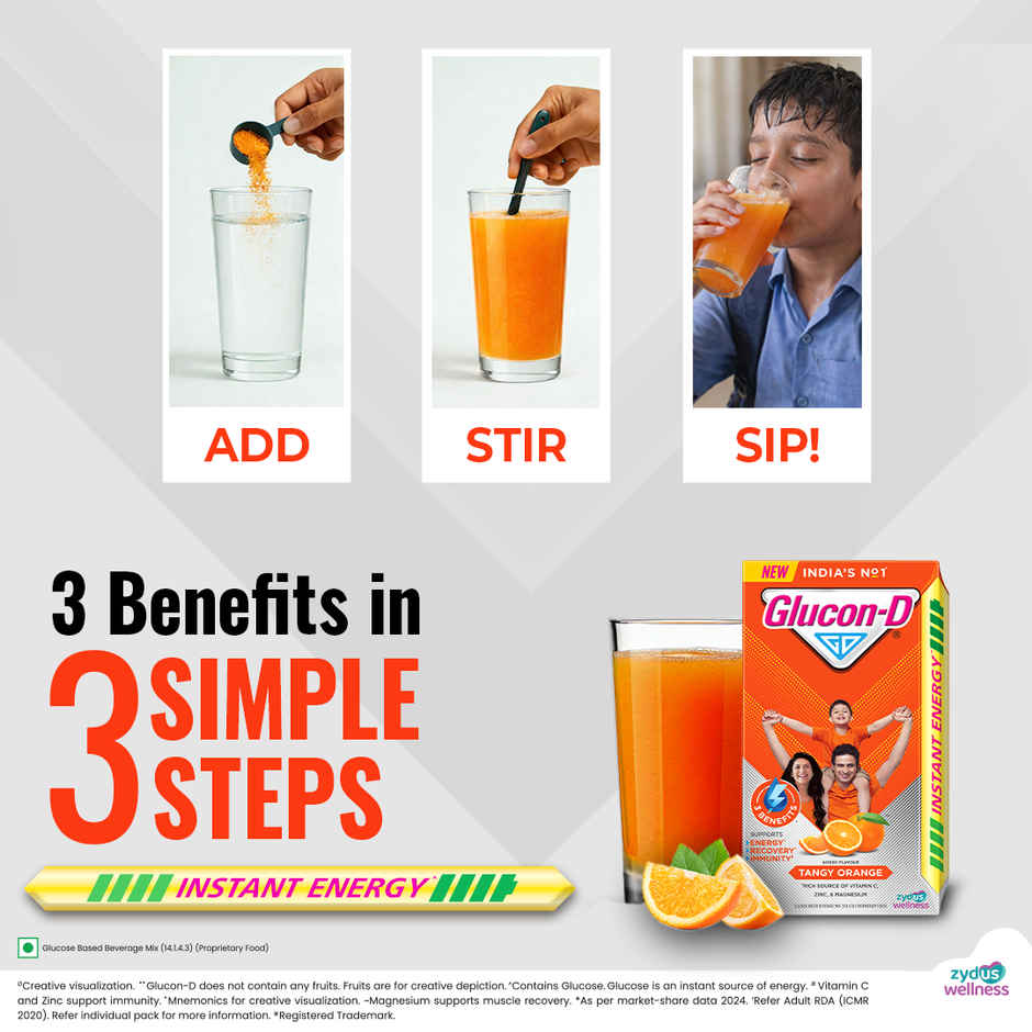 Glucon-D Tangy Orange with 3 Benefits of Energy, Recovery, and Immunity