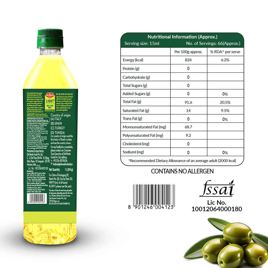 Del Monte Extra Light Olive Oil| Light Flavor| Suitable for Indian Cooking| Zero Cholesterol