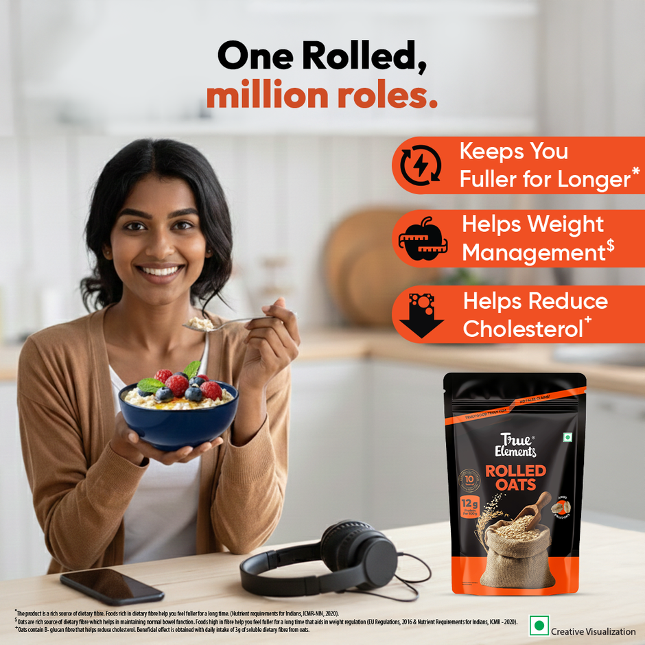 True Elements Rolled Oats | Wholegrain High Fibre High protein Oats | Keeps You Fuller Longer