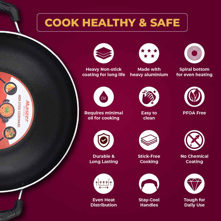 Master 4Pcs Gift Set Dosa Tawa 28Cm + Frypan 24Cm + Kadai 24Cm + Glass ...