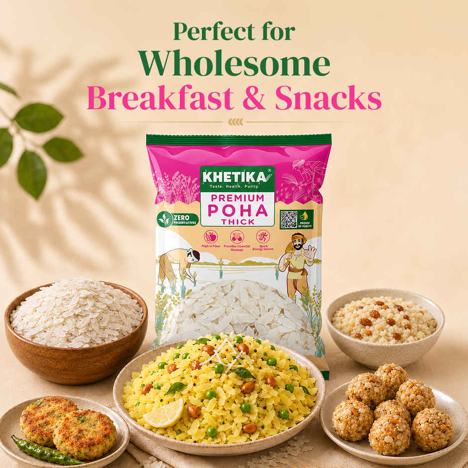 Khetika Premium Thick Poha (Flattened Rice) | High in Fiber | Zero Preservatives