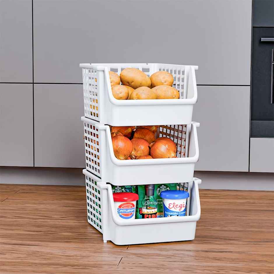 Tex-Ro White Large 3 Layer Plastic Stackable Kitchen Rack &Multi-Purpose Free Standing Cabinet