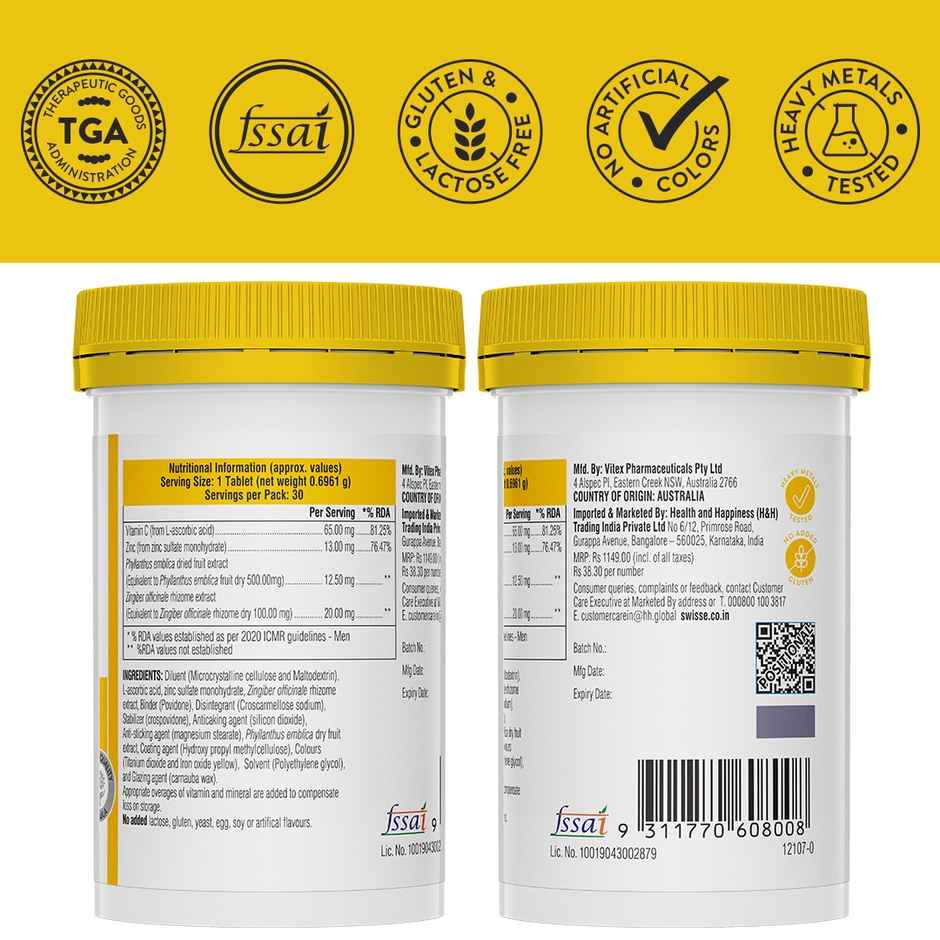 Swisse Immunity Booster+ With Vitamin C And Zinc - Contains Amla And Ginger - 30 Tablets