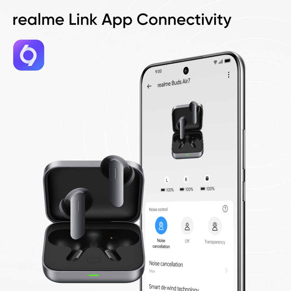 Realme Earbuds Air 7 | 12.4mm Bass, 52H Playtime, 52dB ANC, 6 Mic ENC, Low Latency | Slate Grey