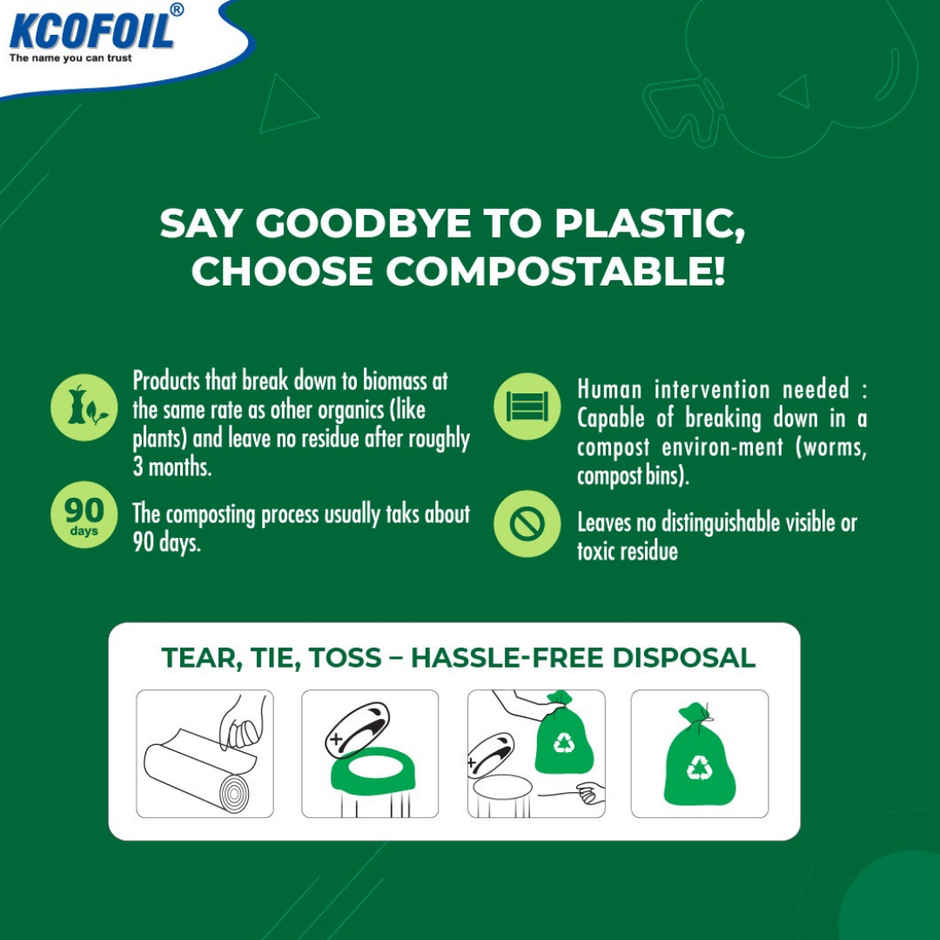 Kcofoil 100% Compostable Large Garbage Bag Roll - 10 Bags | With Detachable Tie Tape