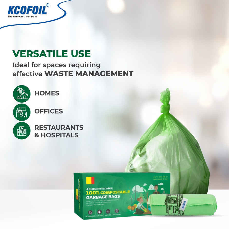 Kcofoil 100% Compostable Medium Garbage Bag Roll - 15 Bags | With Detachable Tie Tape