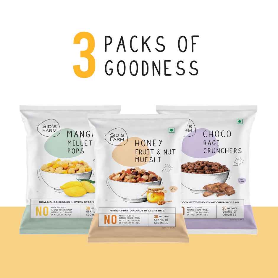 Sid's Farm Mango Millet Pops | Choco Ragi Crunchers | Honey Fruit - Nut Muesli | Assorted