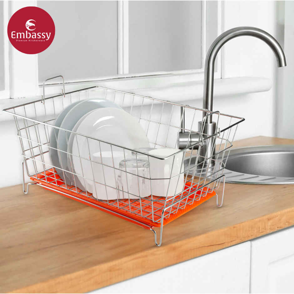 Embassy Premium Dish Drainer Rack With Drip Tray / Utensils Basket | 53x42x25 cm, Stainless Steel