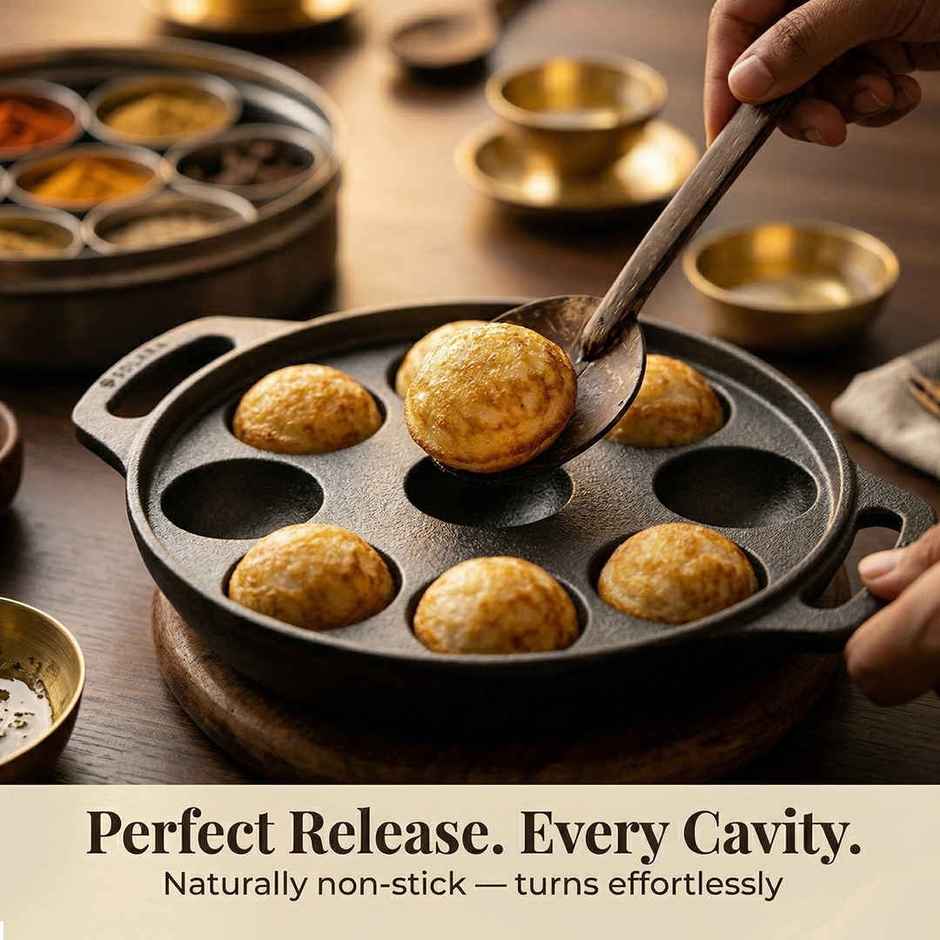 Solara Essentials Pre Seasoned 12 Cavity Cast Iron Paniyaram | 20 cm | Black