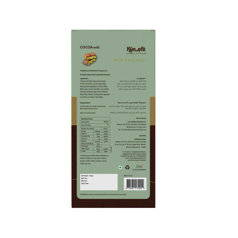 Cocoa Melts Dubai Pistachio Kunafa Chocolate Bar