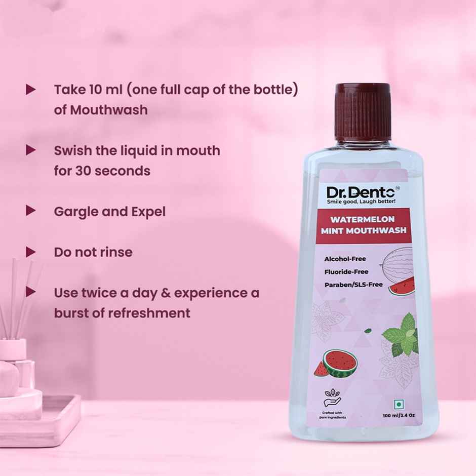 Dr.Dento Alcohol Free Watermelon Mint Mouthwash with Vitamin C & Hyaluronic Acid For Fresh Breath