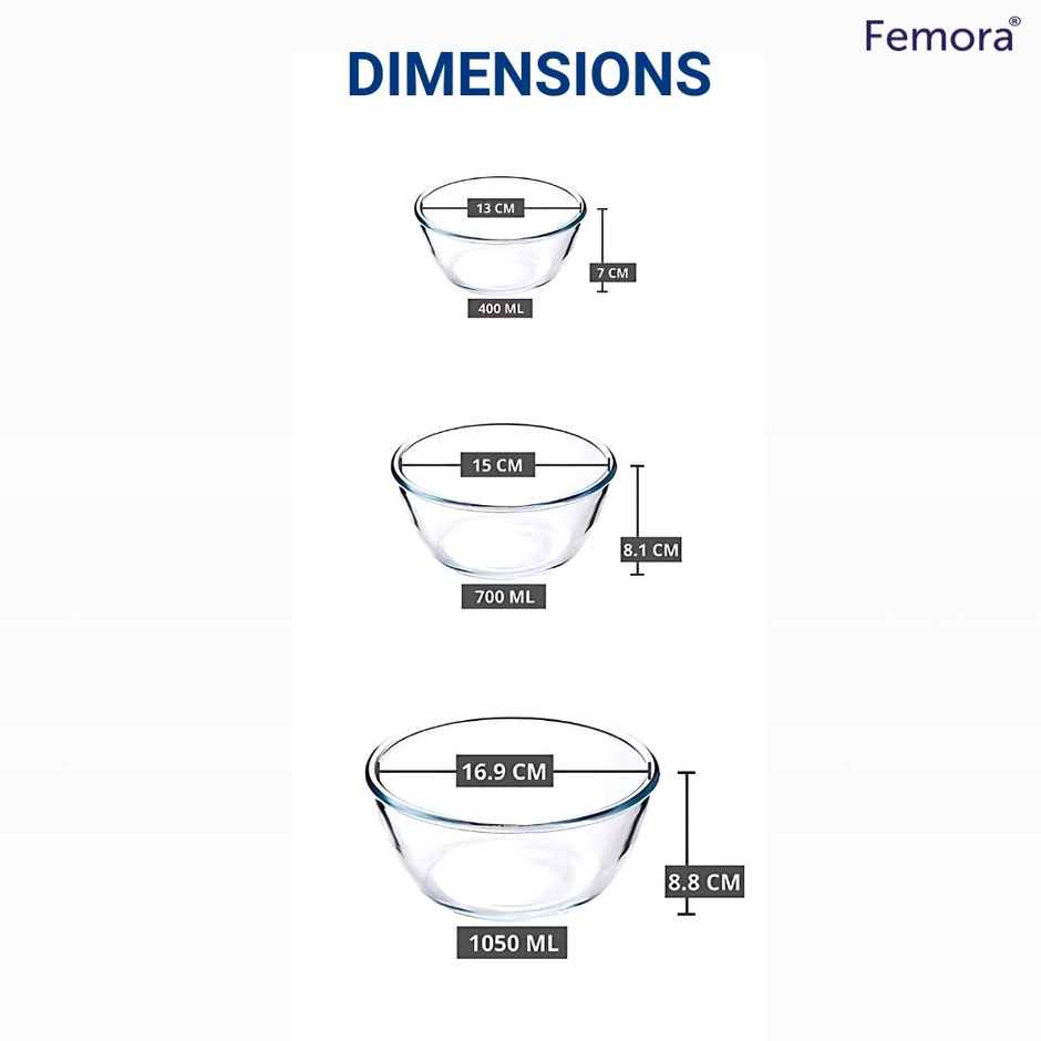 Femora Borosilicate Microwave Bowl Set Gift Set 400 Ml 700 Ml 1050 Ml Gift Set 3 Pcs
