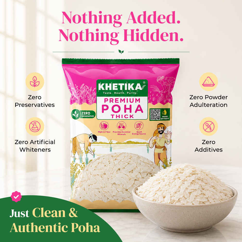 Khetika Premium Thick Poha (Flattened Rice) | High in Fiber | Zero Preservatives