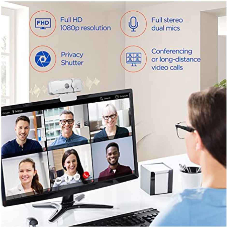 Lenovo 300 FHD Webcam with Full Stereo Dual Built-in Mics | FHD 1080P 2.1 Megapixel CMOS Camera with USB |Ultra-Wide 95Degree Lens, 4X Digital Zoom | 360 Rotation | Flexible Mount | Cloud Grey