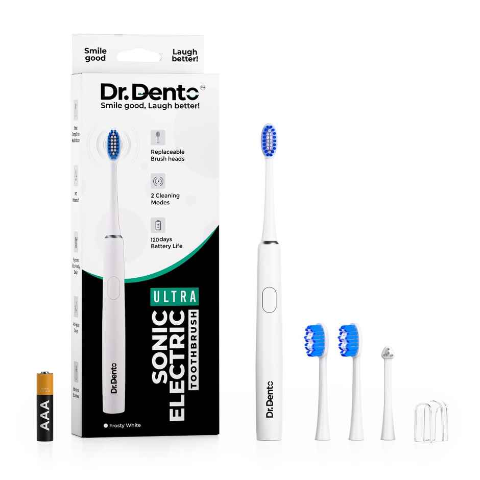 Dr.Dento Ultra Sonic Dual Mode Electric Toothbrush| 3 Brush Heads| 1 Yr Warranty - Frosty White
