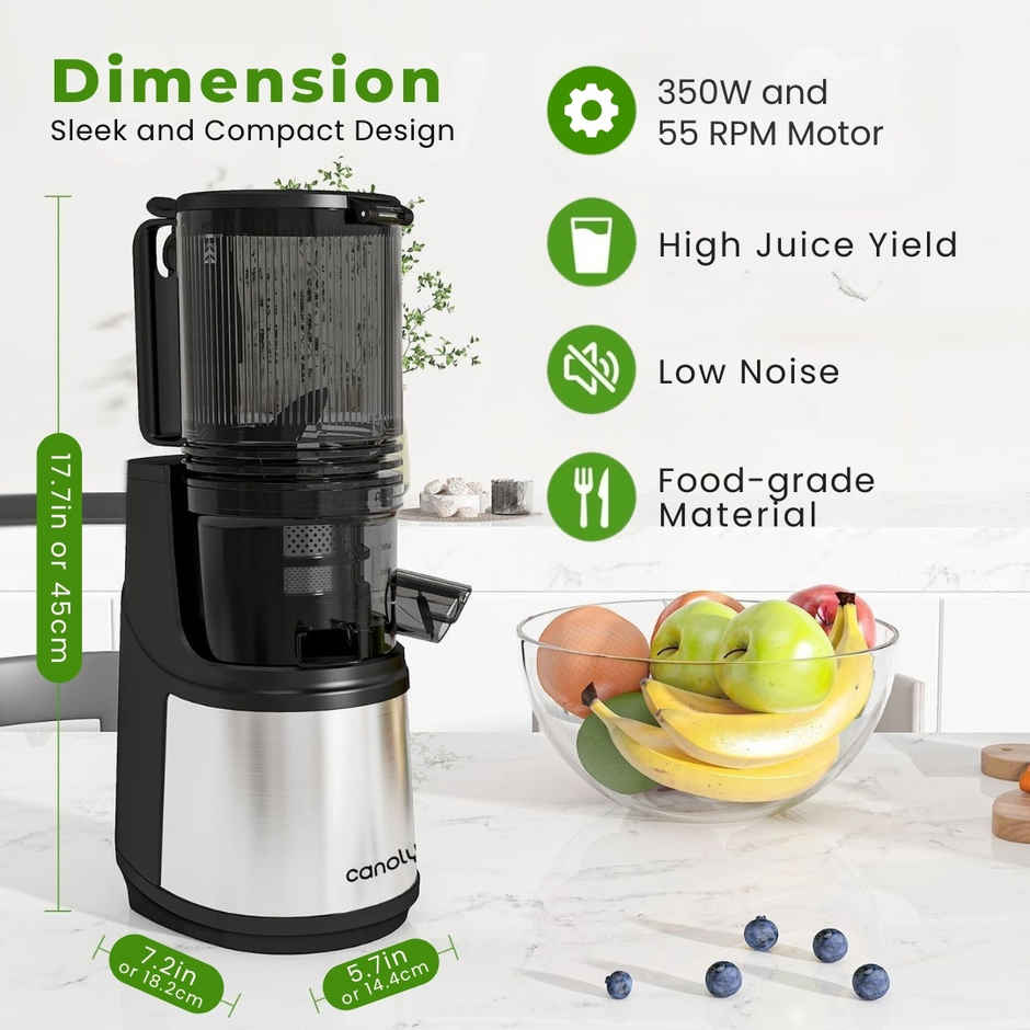 Canoly Cold Pressed Juicer | Slow Juicing | Easy to Clean | Metal Grey