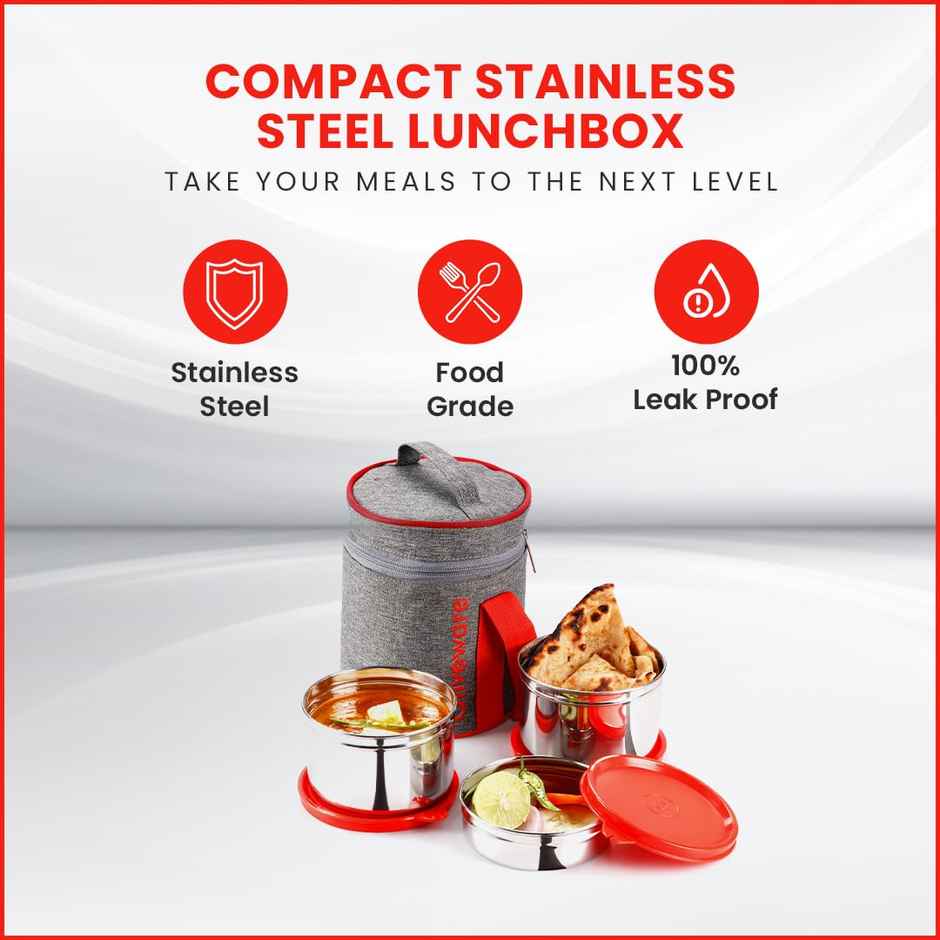 Oliveware Star Lunch Box, 3 Stainless Steel and Leak Proof - Red