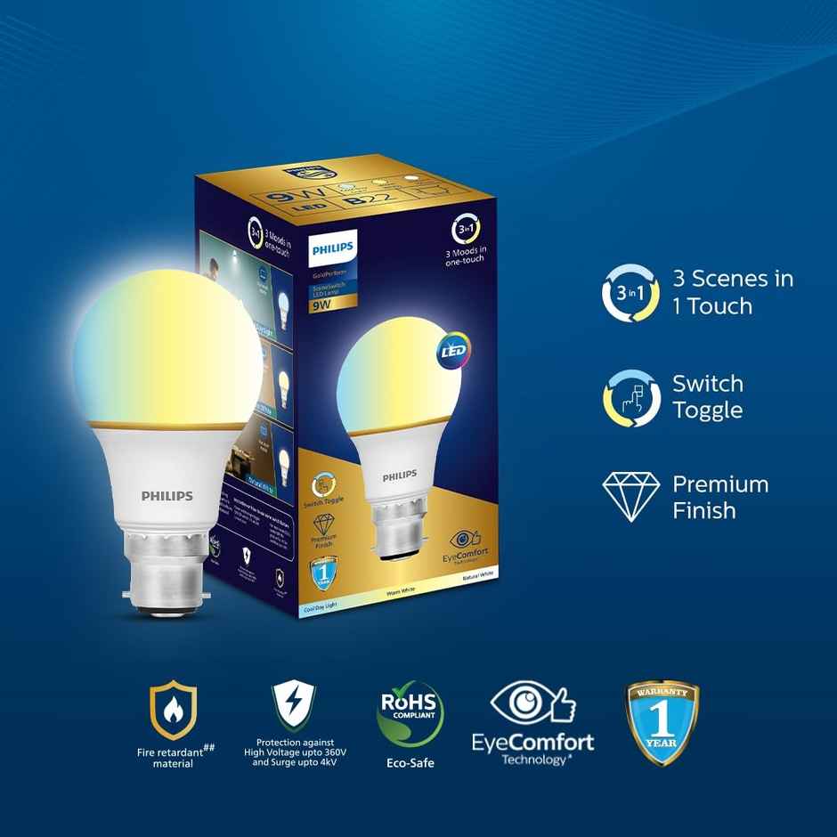Philips Led Scene Switch 9W 850Lm Ww Nw Cw Gs | B22 Base Holder Combo 
