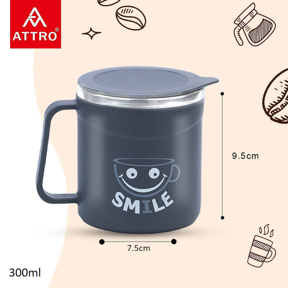 Attro Happy Mug | Double Wall Stainless Steel Lid | Cup for Hot Coffee-Tea | 300 ml | Grey