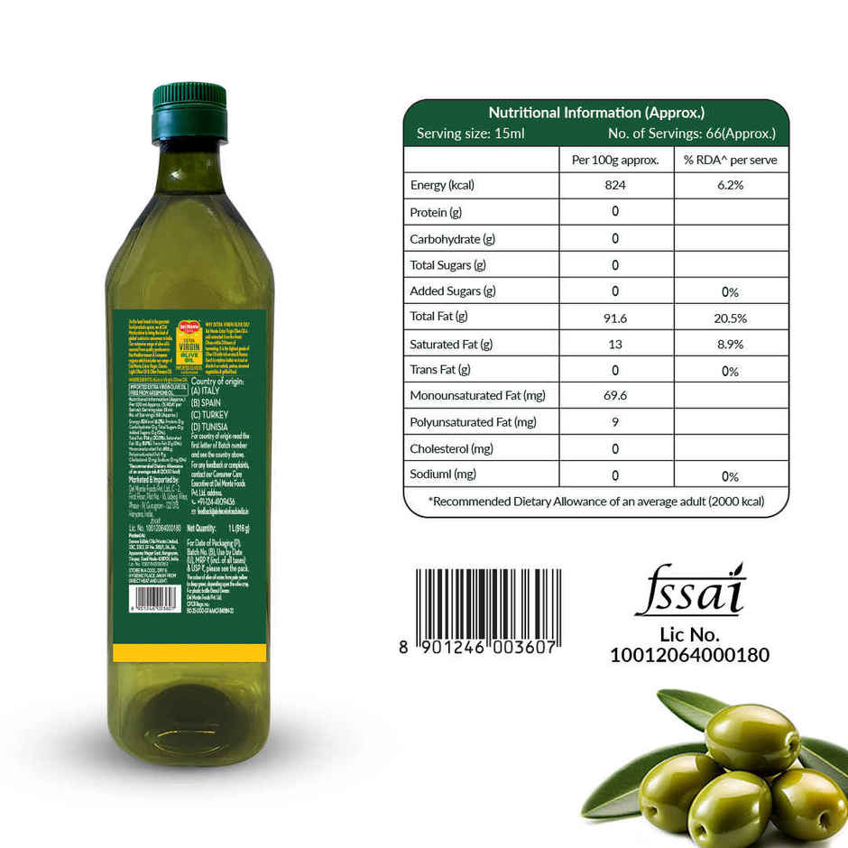 Del Monte Extra Virgin Olive Oil | Cold Pressed | Zero Cholesterol & Trans-Fat | 75% Mufa