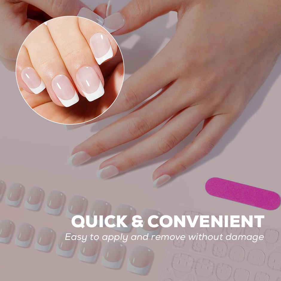 Multibrite Artificial Fake Nails Extension | Square French Press-On Nails | with Adhesive Tabs
