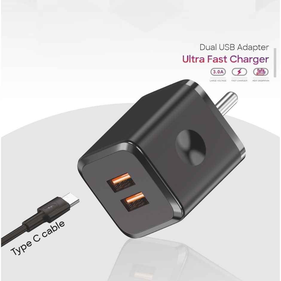 U&i Budget 27 Charger 12W | 3A Dual USB & Type-C Cable | Black